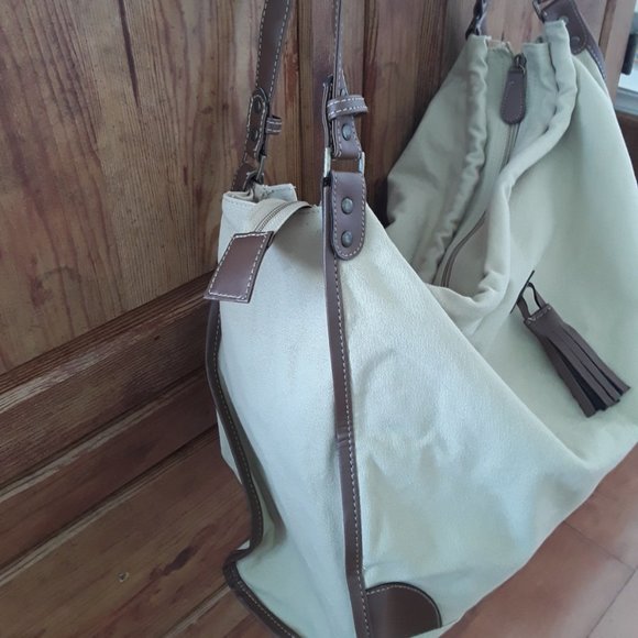 Khaki Canvas Large Shoulder Bag - Picture 2 of 6